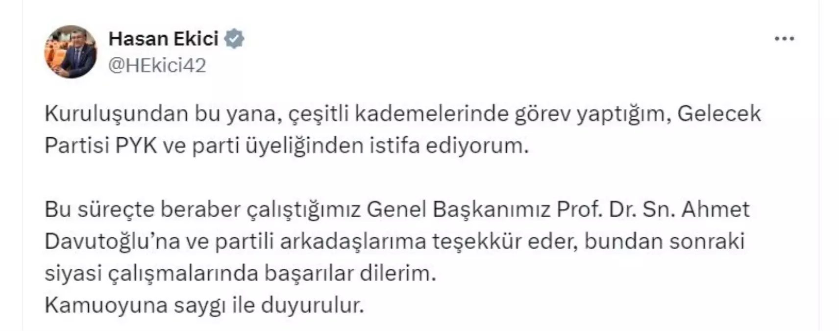 Hasan Ekici Gelecek Partisi'nden İstifa Etti
