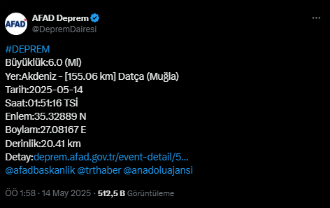Muğla'da deprem! 14 Mayıs Çarşamba Muğla'da deprem mi oldu, kaç şiddetinde? SON DAKİKA