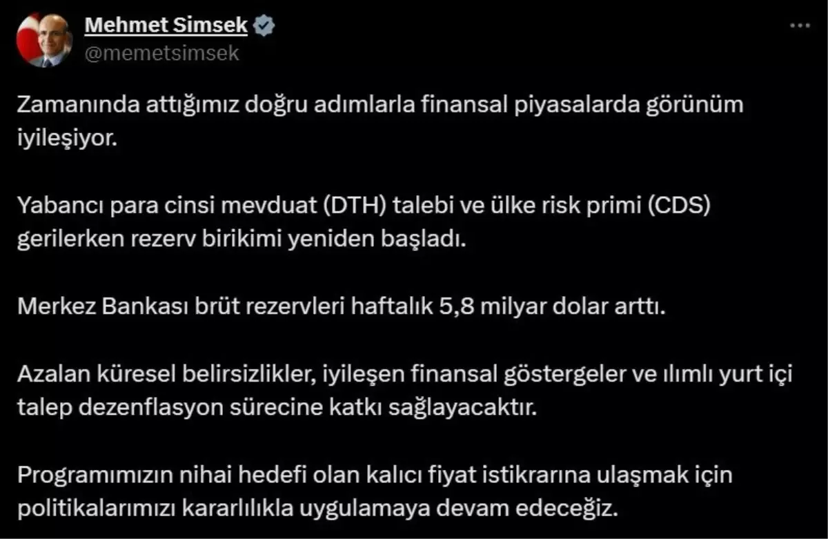 Bakan Şimşek: Finansal Piyasalarda İyileşme Devam Ediyor