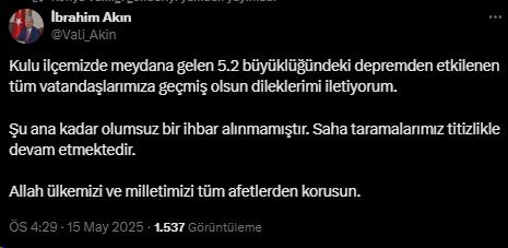 Konya'da 5.2 büyüklüğünde deprem