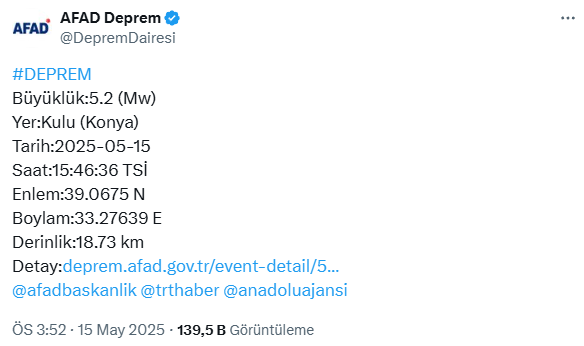 Earthquake of magnitude 5.2 in Konya