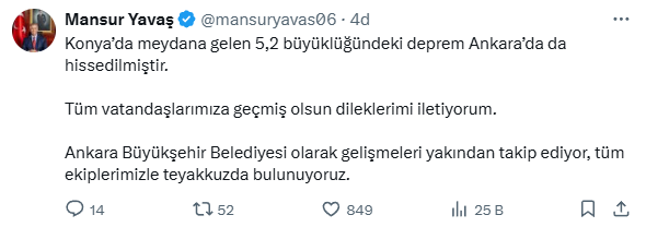 Konya'da 5.2 büyüklüğünde deprem
