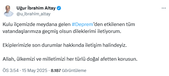 Konya'da 5.2 büyüklüğünde deprem