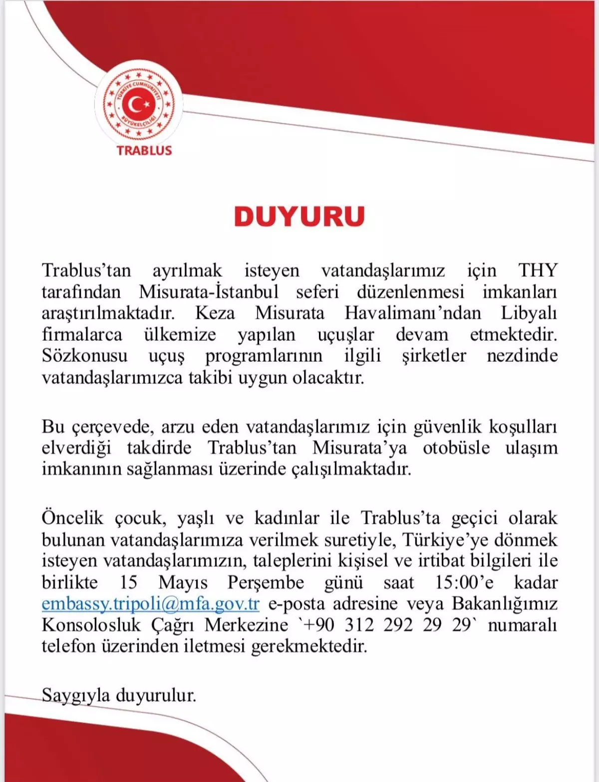 Türk Büyükelçilikten Trablus'ta Bulunan Vatandaşlara Uçuş İmkanı