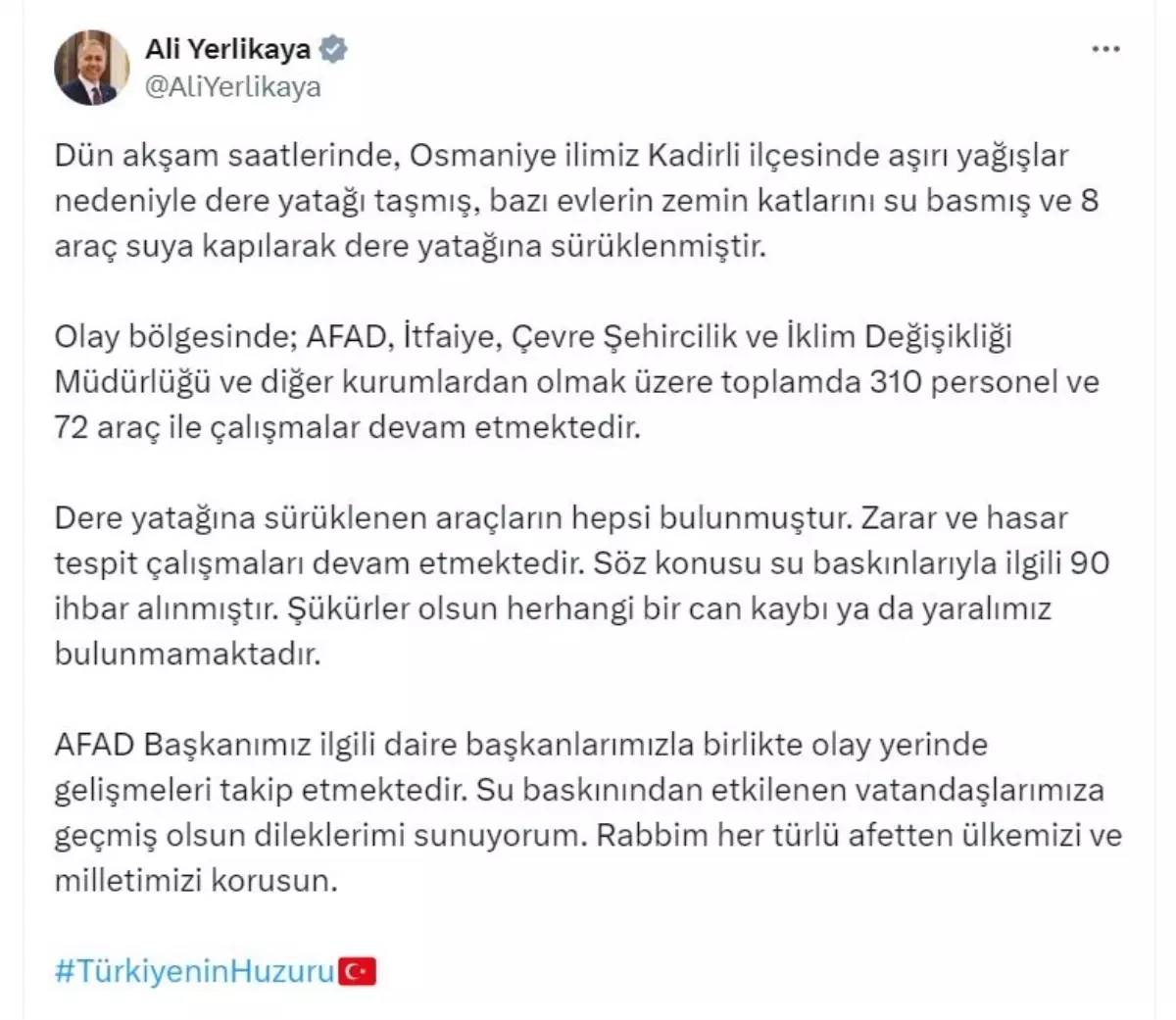 Bakan Yerlikaya: Osmaniye'de Su Baskınlarında Can Kaybı Yok