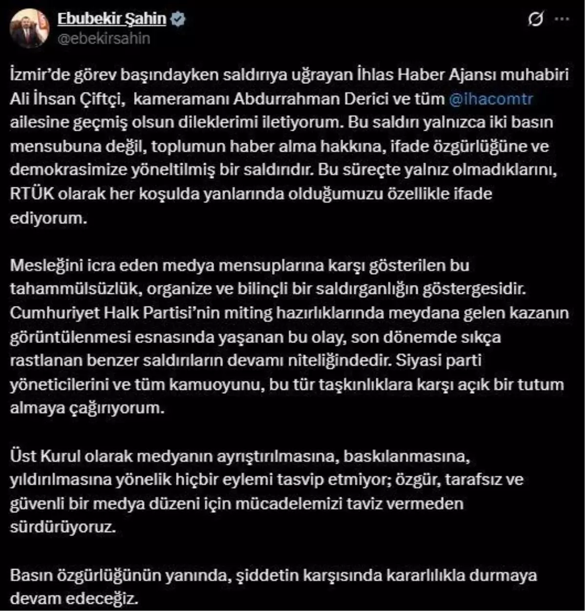 RTÜK Başkanı'ndan İHA Ekiplerine Geçmiş Olsun Mesajı
