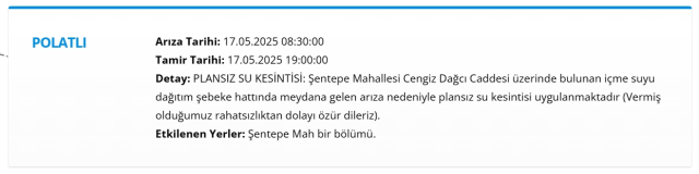 Ankara POLATLI su kesintisi! 17-18 Mayıs ASKİ Polatlı su kesintisi ne zaman bitecek, sular ne zaman gelecek? Ankara POLATLI su kesintisi! 17-18 Mayıs ASKİ Polatlı su kesintisi ne zaman bitecek, sular ne zaman gelecek?