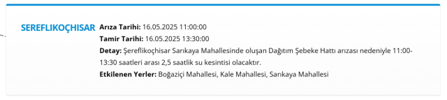 Ankara SEREFLIKOÇHISAR su kesintisi! 17-18 Mayıs ASKİ Şereflikoçhisar su kesintisi ne zaman bitecek, sular ne zaman gelecek?