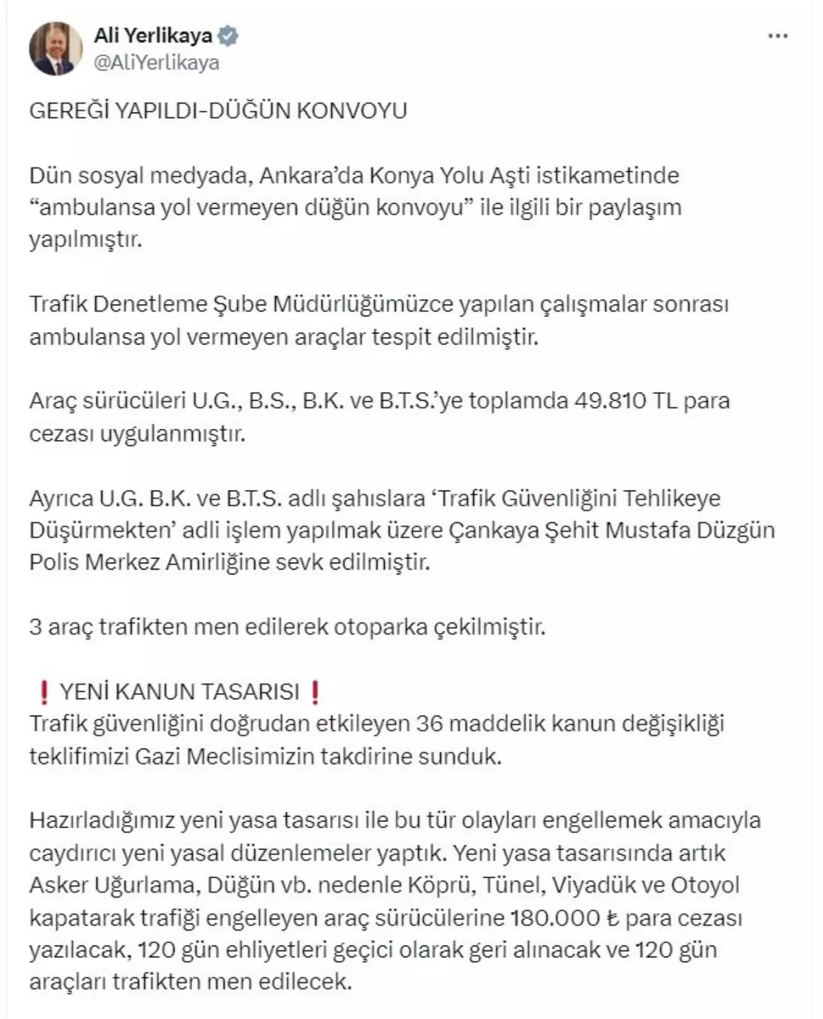 İçişleri Bakanı Yerlikaya: Trafikte Ambulansa Yol Vermeyenlere 180 Bin TL Cezası Geliyor