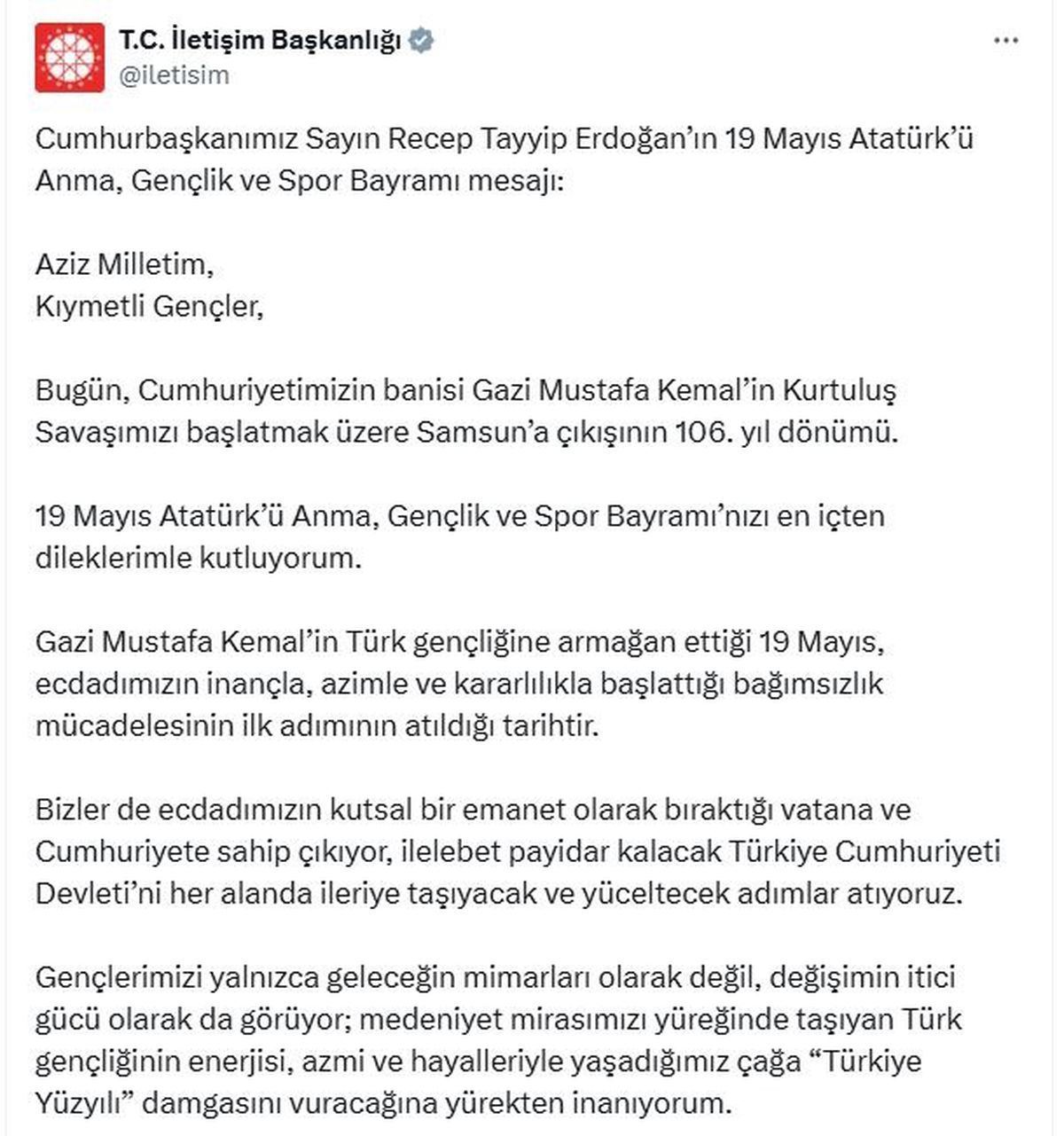 Cumhurbaşkanı Erdoğan'dan 19 Mayıs Mesajı: Gençlerimizle Birlikte Yürüyoruz