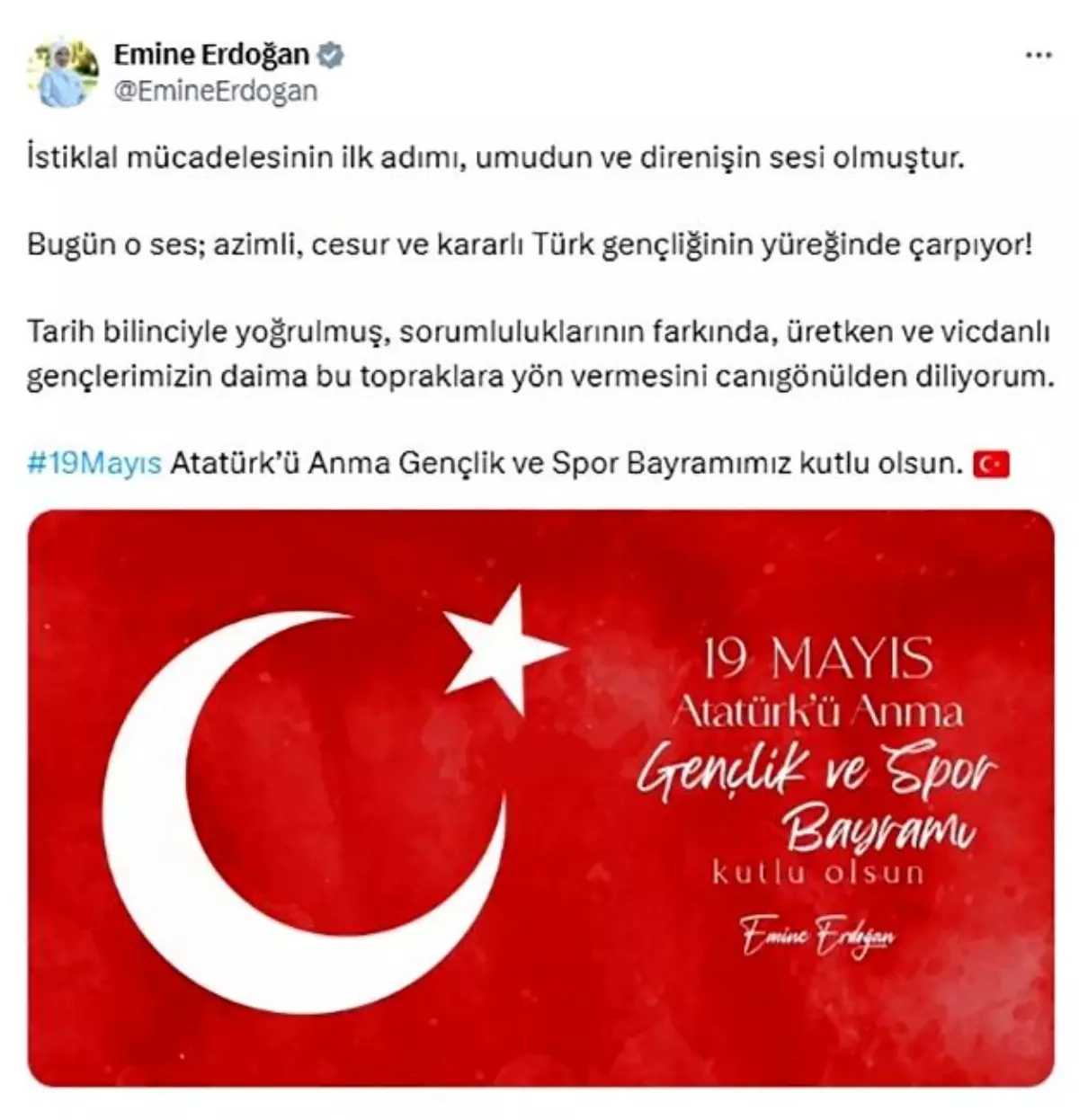 Emine Erdoğan, 19 Mayıs Atatürk'ü Anma Gençlik ve Spor Bayramı'nı kutladı