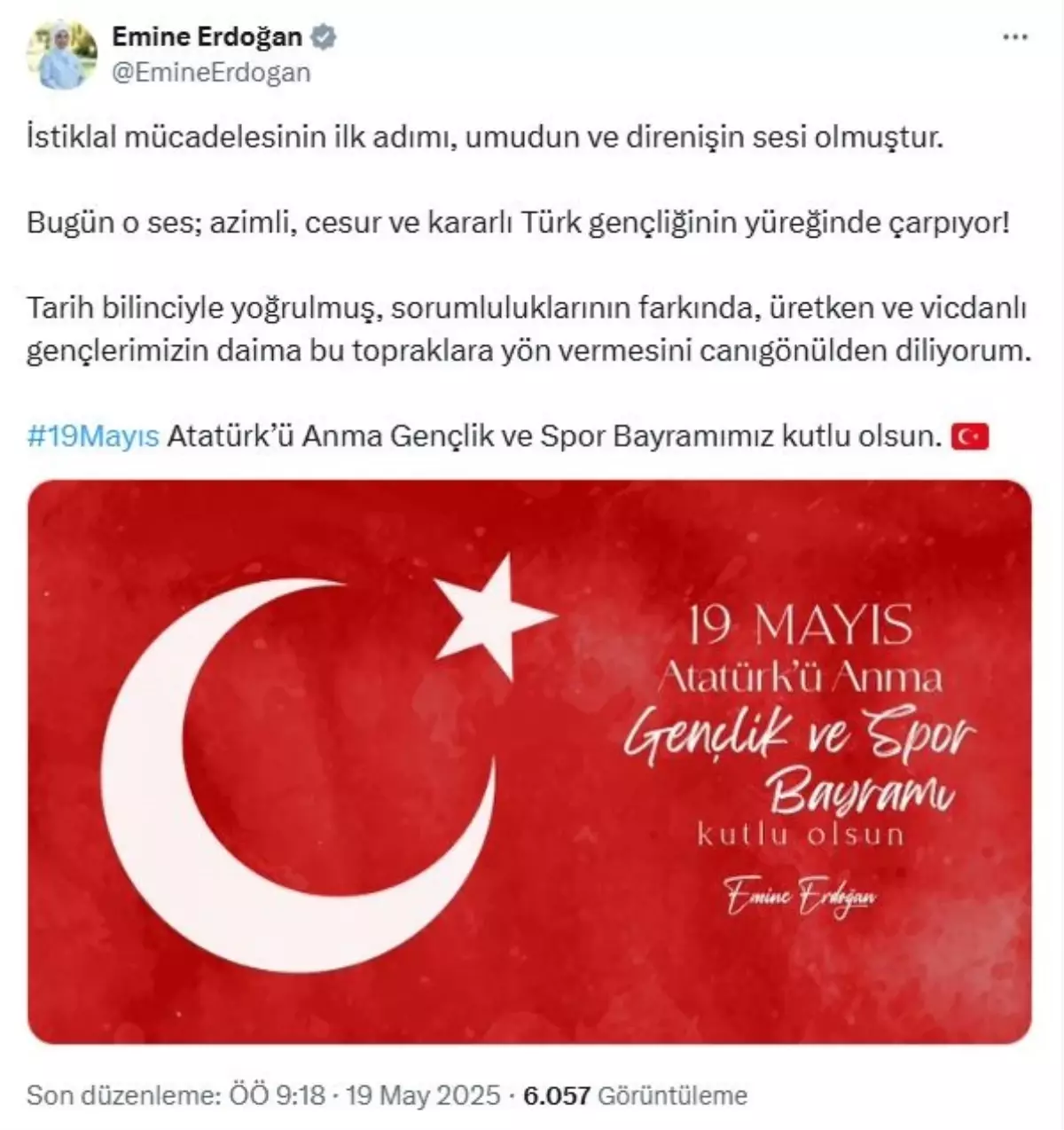 Emine Erdoğan'dan 19 Mayıs Mesajı