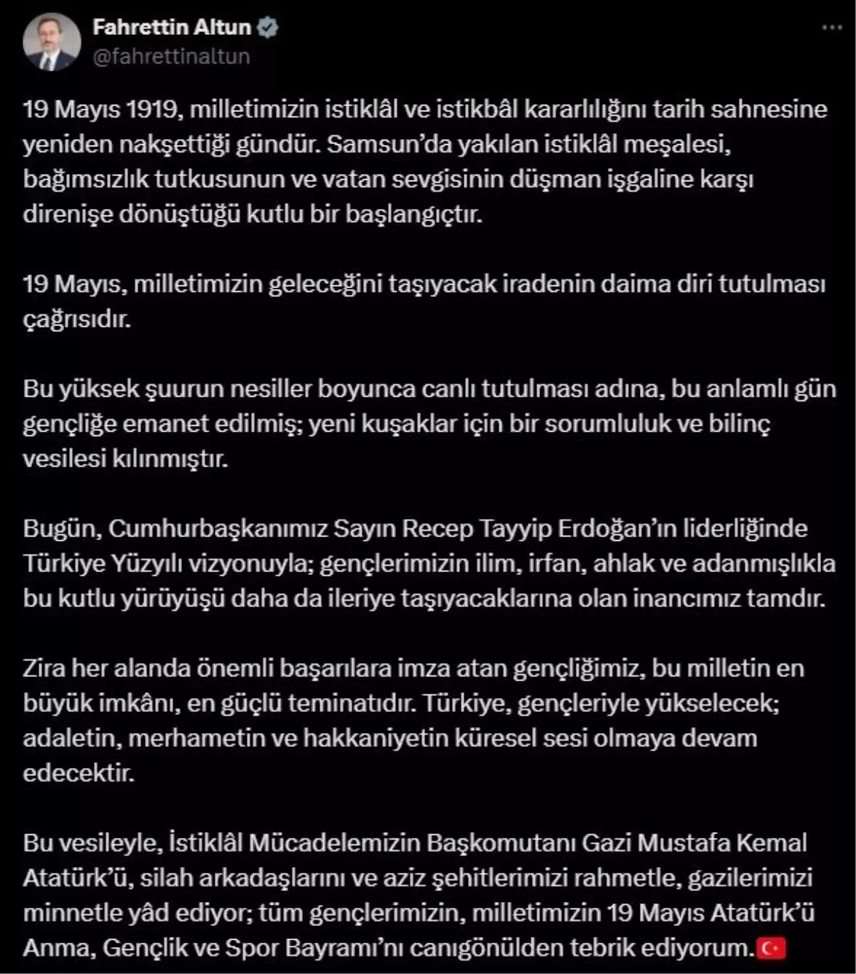 İletişim Başkanı Fahrettin Altun'dan 19 Mayıs Mesajı