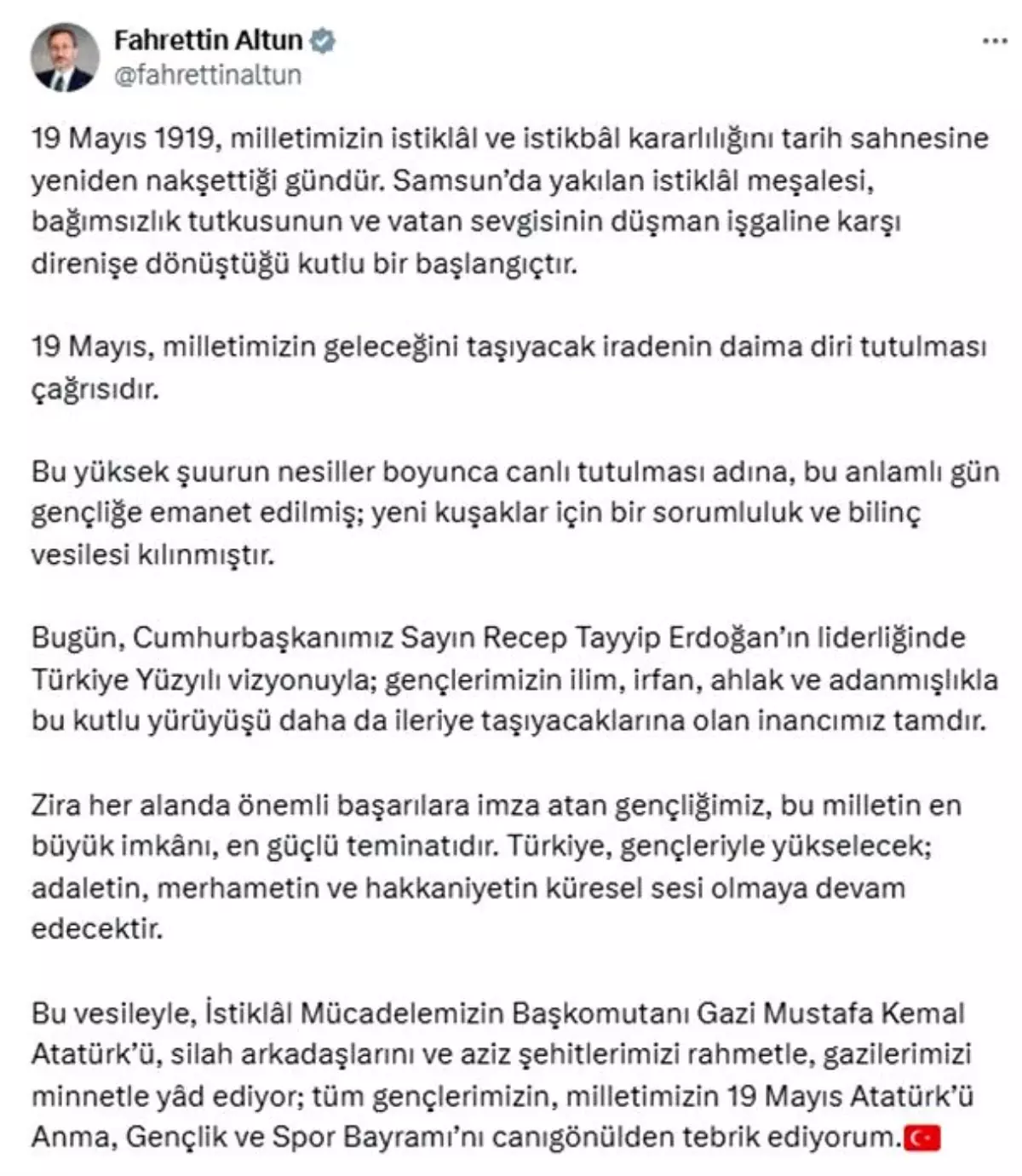 Fahrettin Altun'dan 19 Mayıs mesajı: 'Milletimizin istiklal ve istikbal kararlılığıdır'