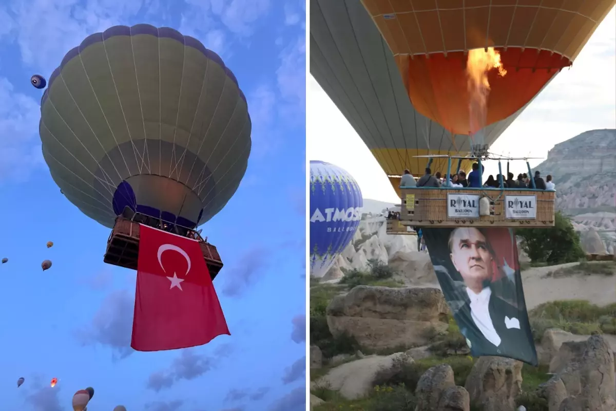 Kapadokya'da gökyüzü Türk bayrakları ve Atatürk posterleriyle süslendi