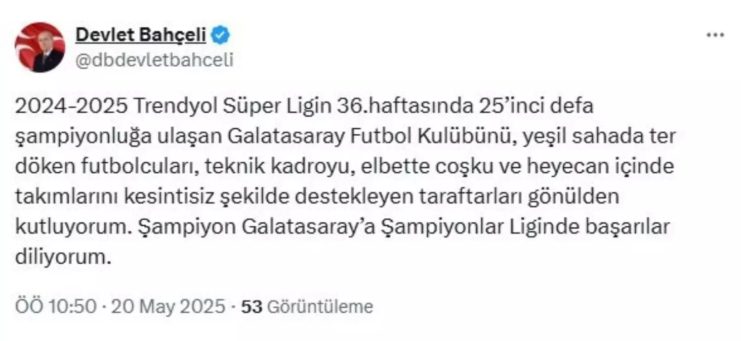 Bahçeli'den Galatasaray'a Tebrik