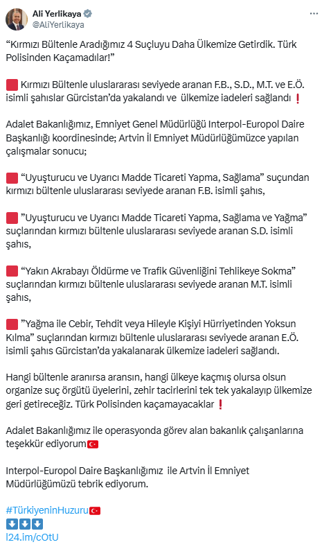 4 criminals wanted with a red notice have been captured and brought to Turkey