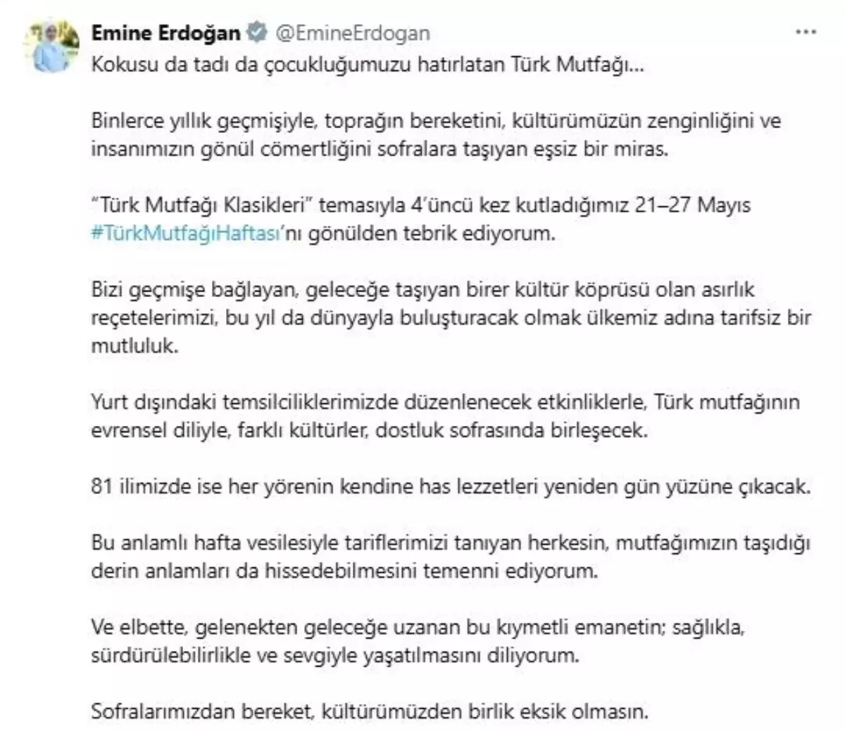 Emine Erdoğan'dan Türk Mutfağı Haftası paylaşımı