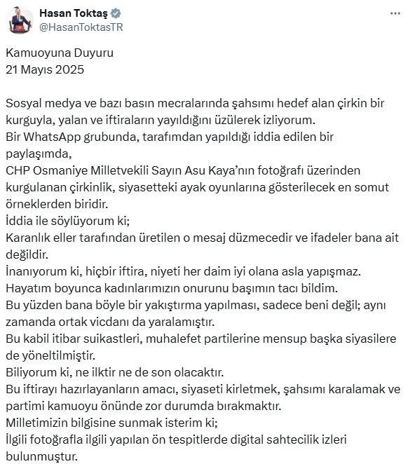 Dismissed! Statement from İYİ Party's Toktaş regarding the scandalous message