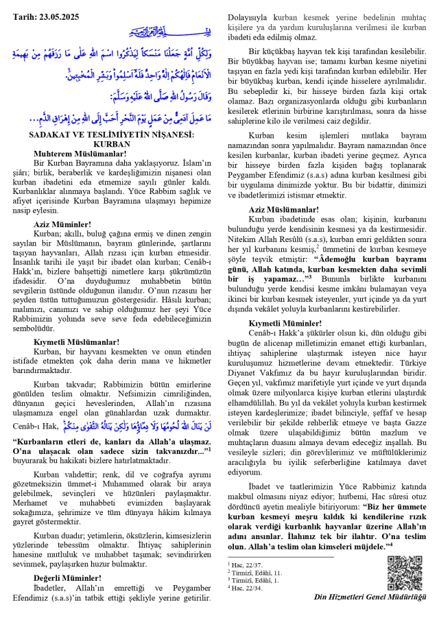 23 Mayıs Cuma Hutbesi yayınlandı! 23 Mayıs Cuma Hutbesi tam metni!