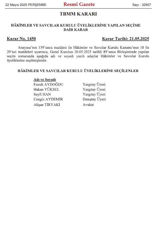 Results of the HSK membership election held by TBMM published in the Official Gazette