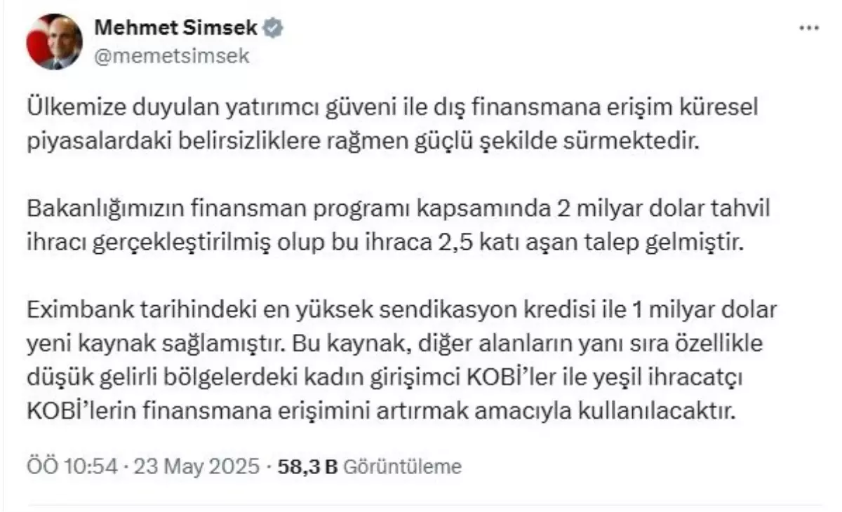 Bakan Şimşek'ten Kadın Girişimciler ve Yeşil İhracatçılara 1 Milyar Dolar Kaynak