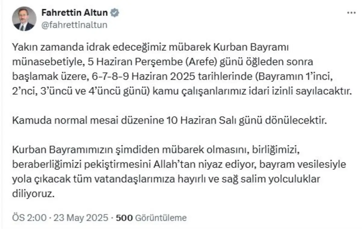 Kamu Çalışanları Kurban Bayramı'nda İdari İzinli Sayılacak