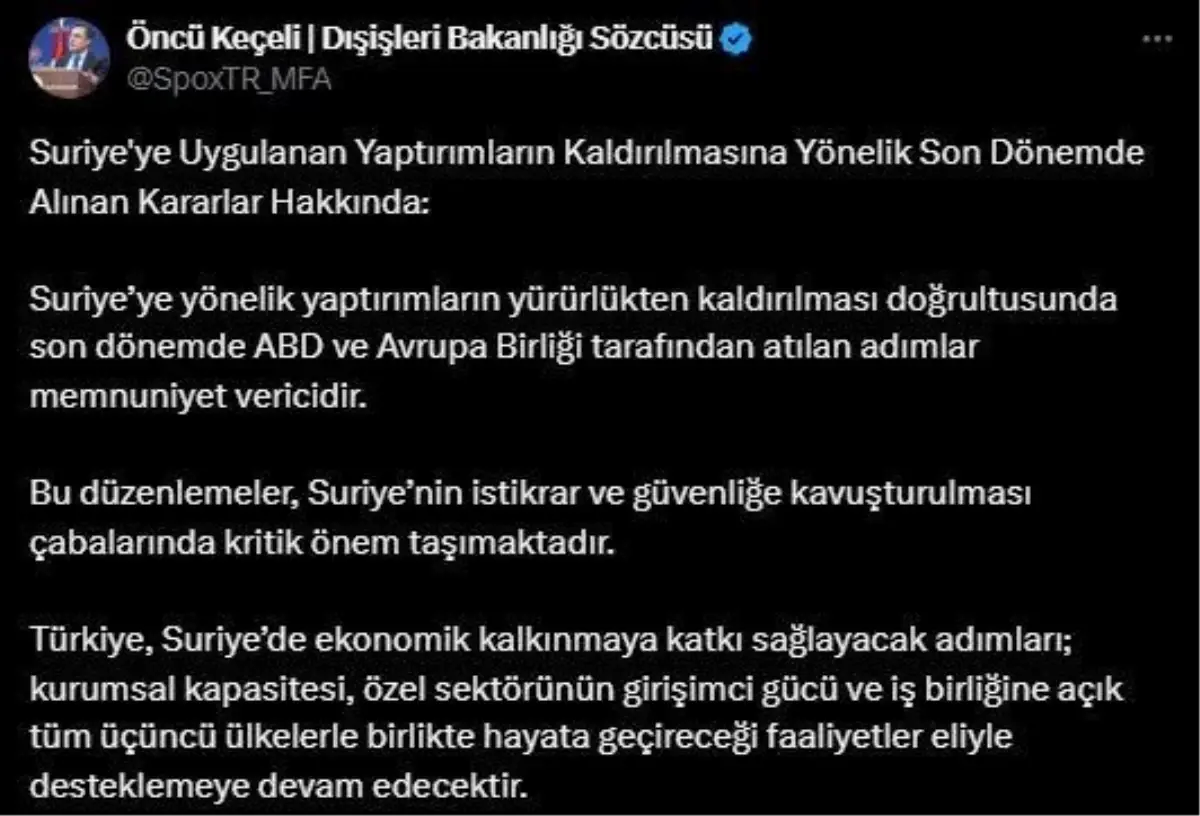 Dışişleri Bakanlığı'ndan Suriye Yaptırımlarıyla İlgili Açıklama