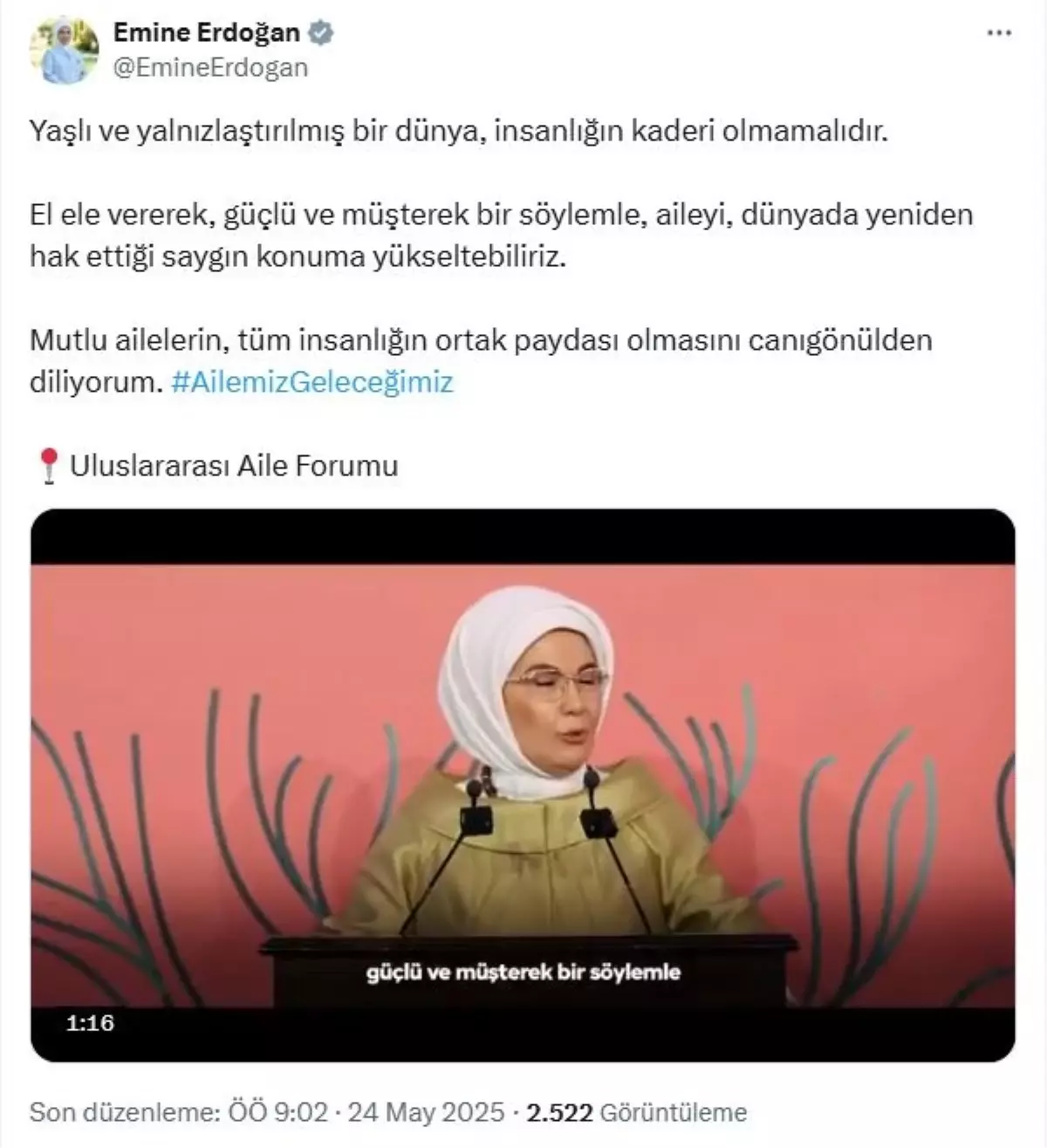 Emine Erdoğan'dan Uluslararası Aile Forumu'na Destek