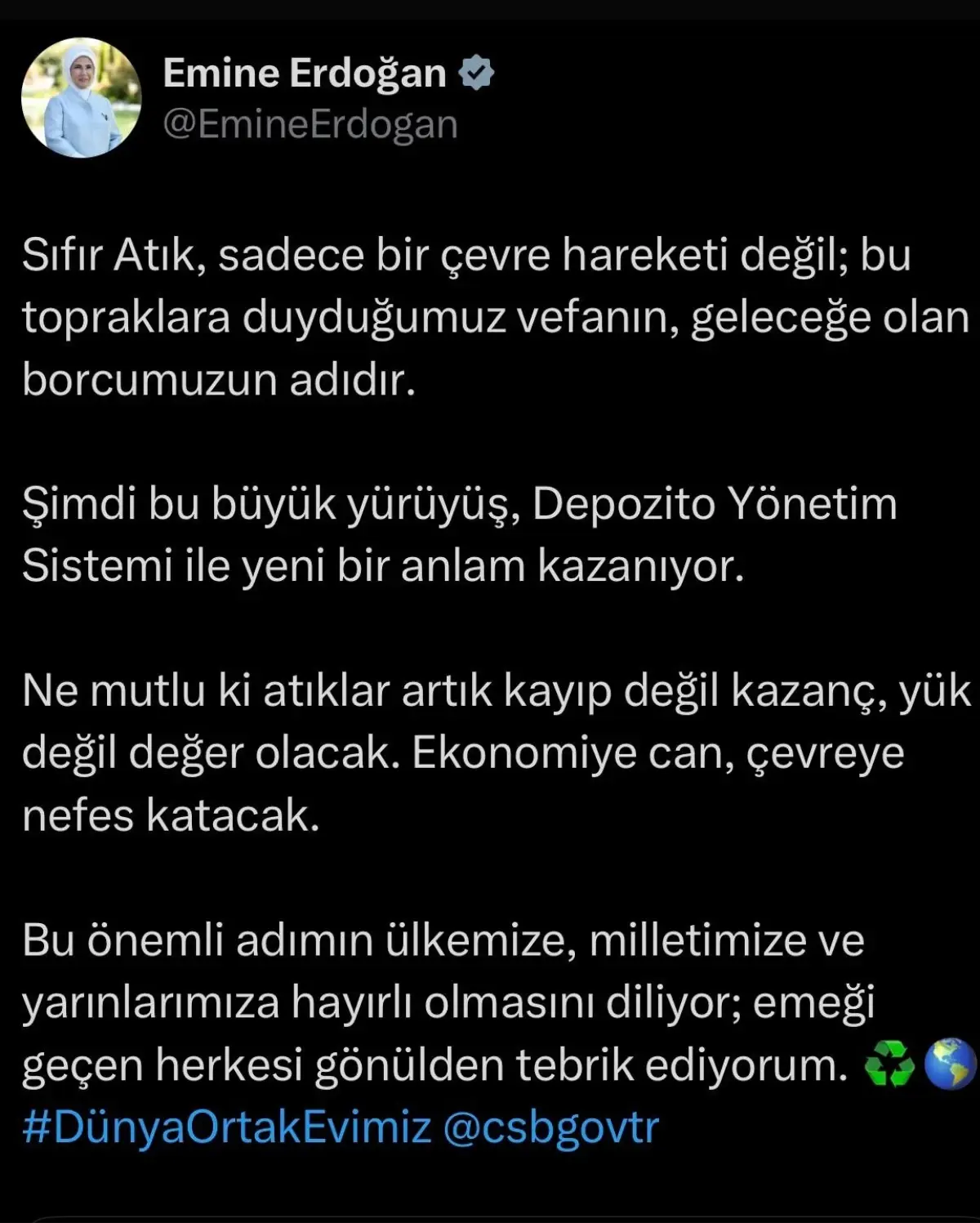 Emine Erdoğan'dan Depozito Yönetim Sistemi paylaşımı