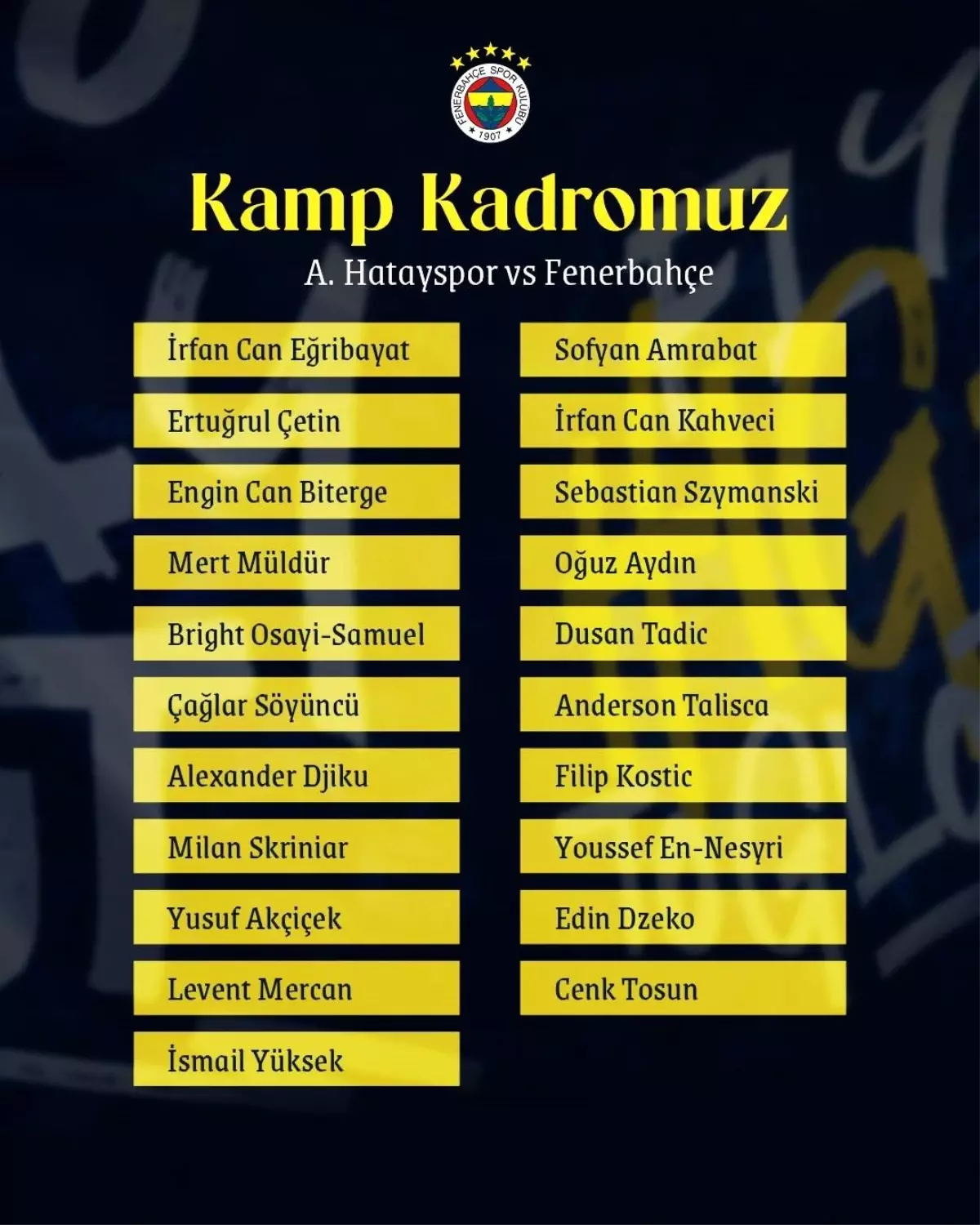 Fenerbahçe'nin Hatayspor Maçı Kamp Kadrosu Açıklandı