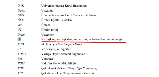 TDK Kısaltmalar Dizini'nde 'vb.' hangisinin kısaltması değildir?