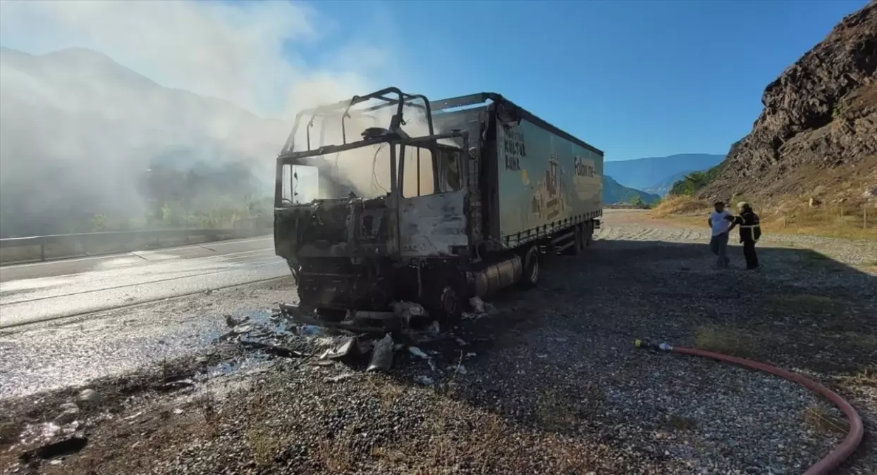 Artvin'de Seyir Halindeki Tırda Yangın Çıktı