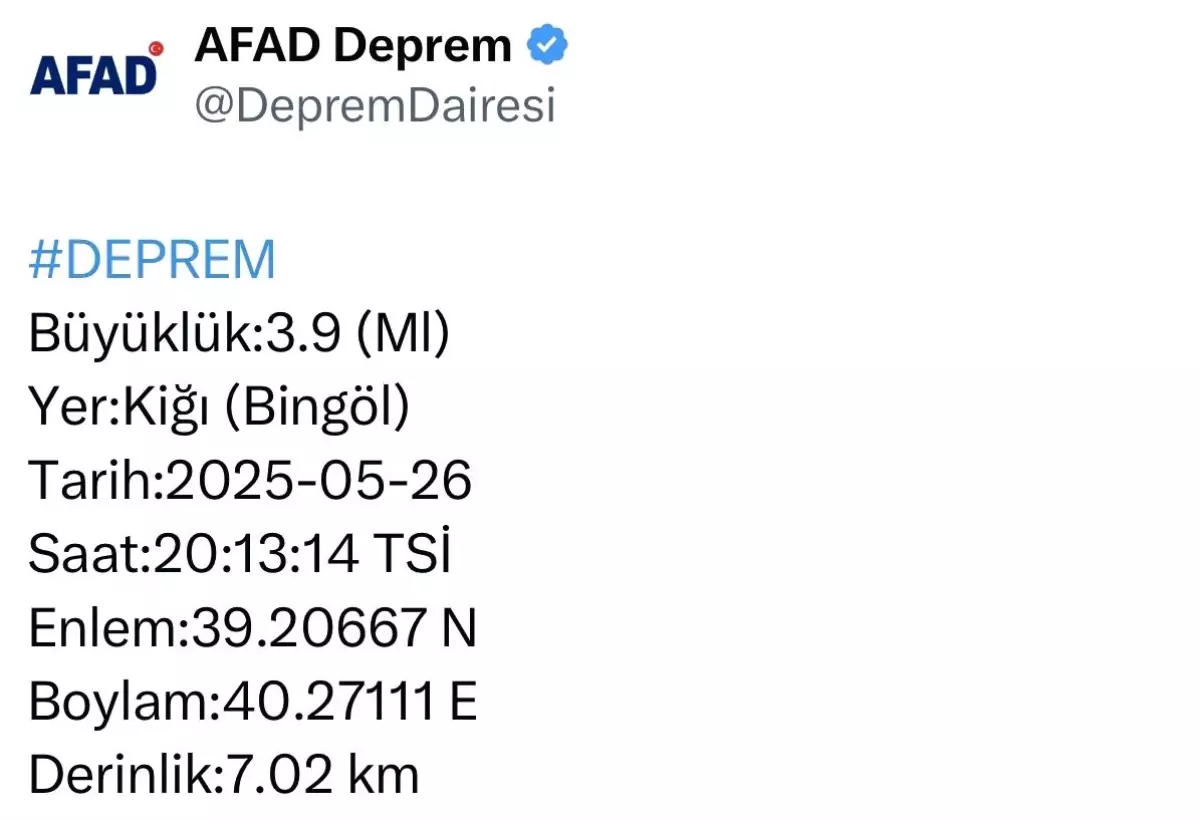 Bingöl Kiğı'da 3.9 Büyüklüğünde Deprem Meydana Geldi