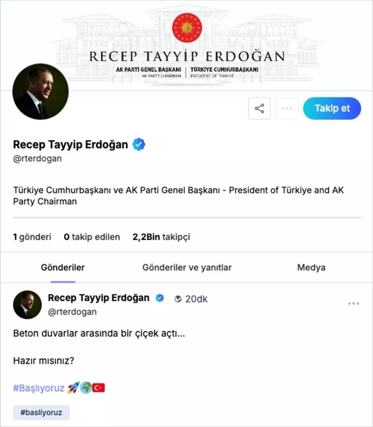 Cumhurbaşkanı Erdoğan NSosyal'den ilk paylaşımını yaptı