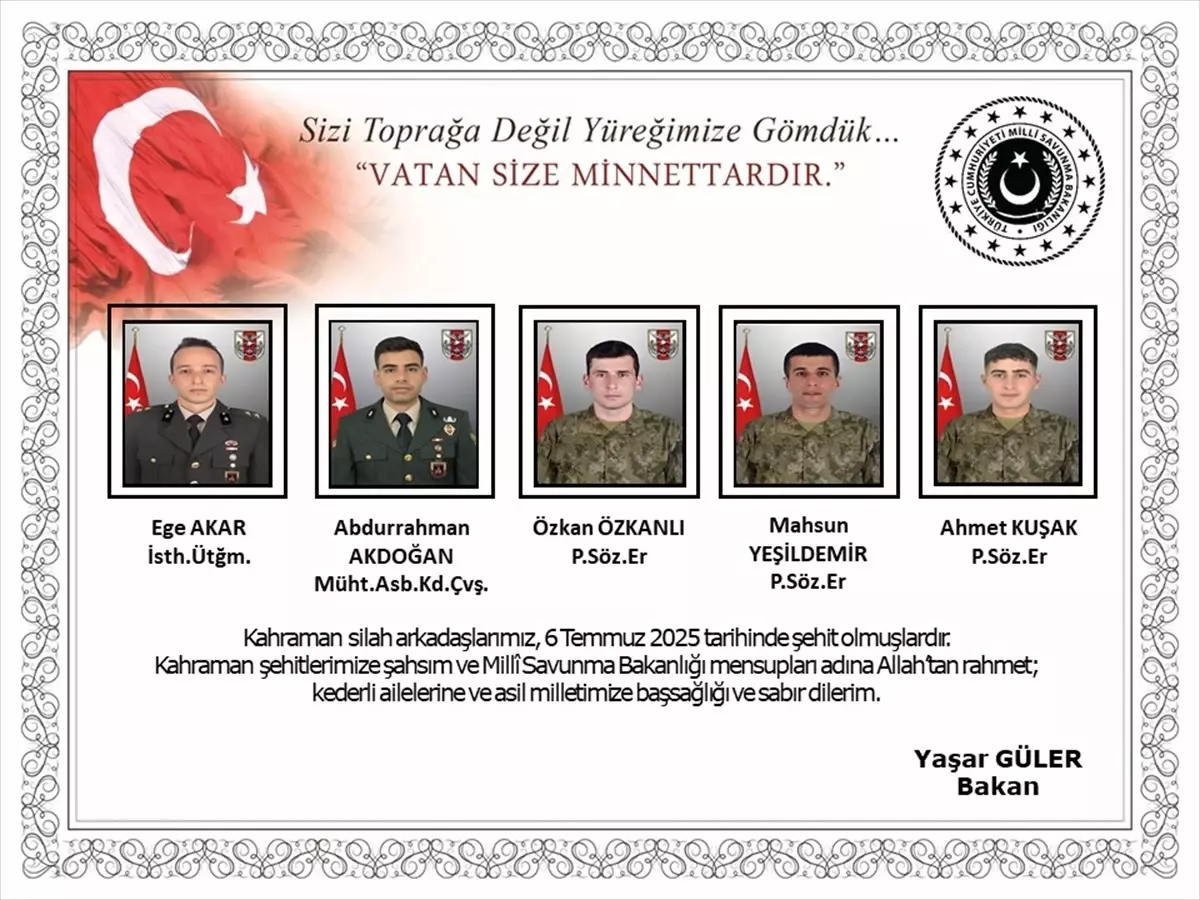 Milli Savunma Bakanı Güler'den, metan gazına maruz kalarak şehit olan 5 asker için başsağlığı mesajı Açıklaması