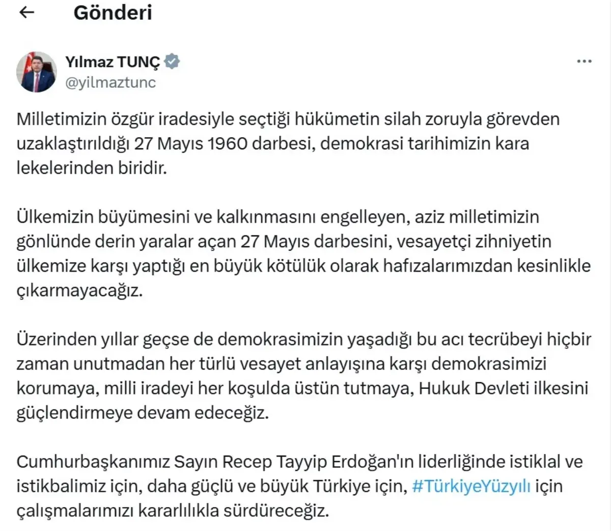 Adalet Bakanı Tunç'tan 27 Mayıs mesajı: 'Demokrasi şehitlerimizi rahmetle anıyorum'