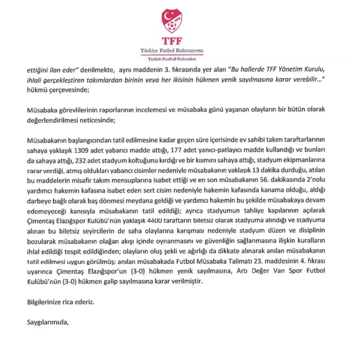 TFF'den Elazığspor'a Hükmen Yenilgi Kararı