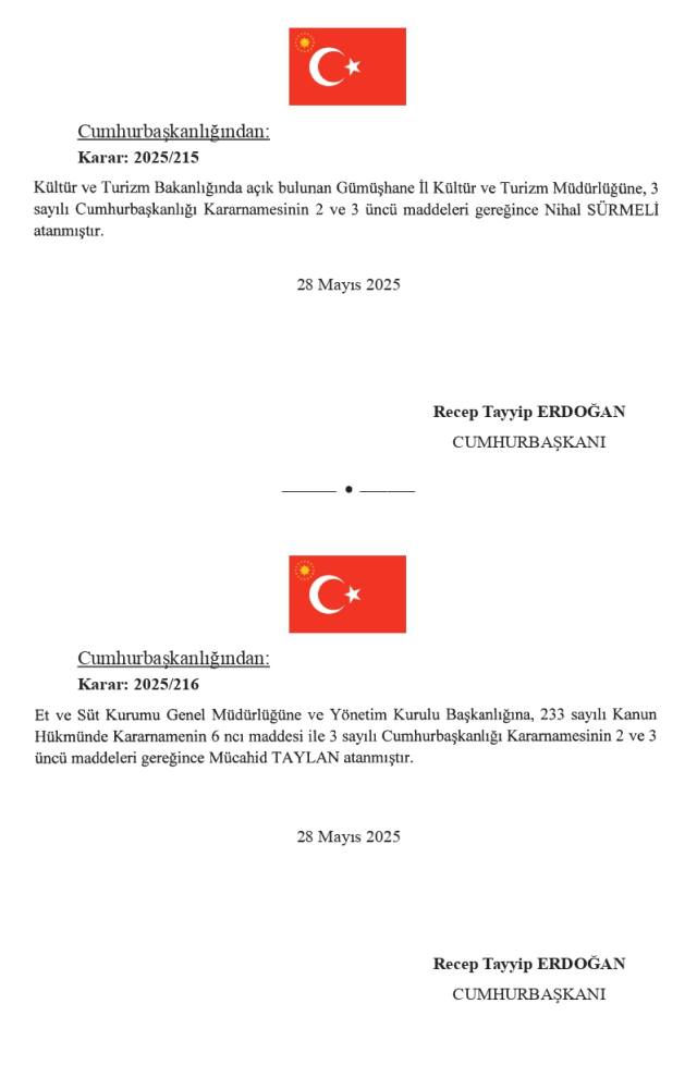 29 Mayıs Perşembe 2025 Resmi Gazete ATAMA KARARLARI! Bugünün kararları neler? 29 Mayıs Resmi Gazete yayımlandı! 32266 sayılı Resmi Gazete atamalar lis
