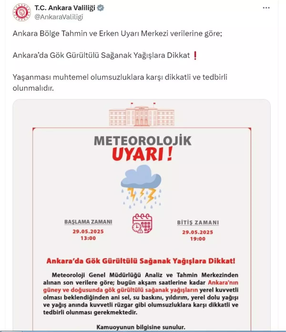 Ankara'da Gök Gürültülü Sağanak Hayatı Olumsuz Etkileyecek