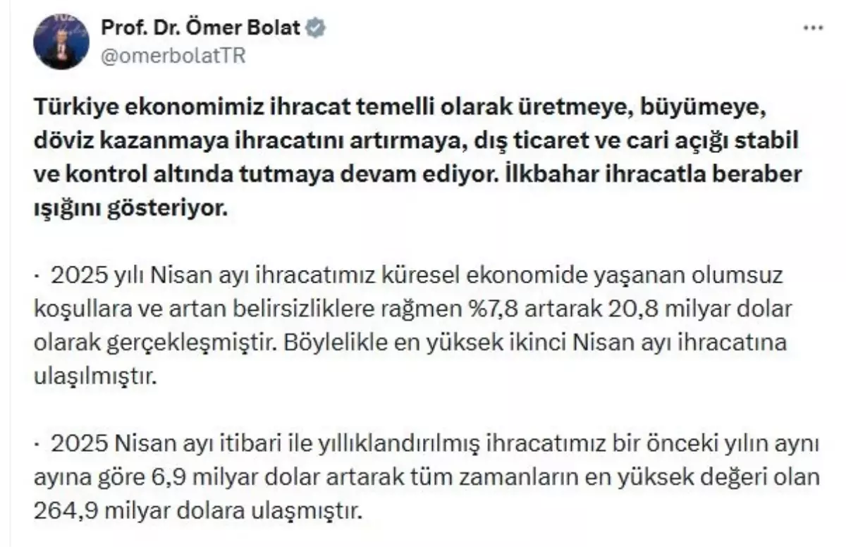 Bakan Bolat: İhracatımız Zorlu Koşullara Rağmen Artmaya Devam Ediyor