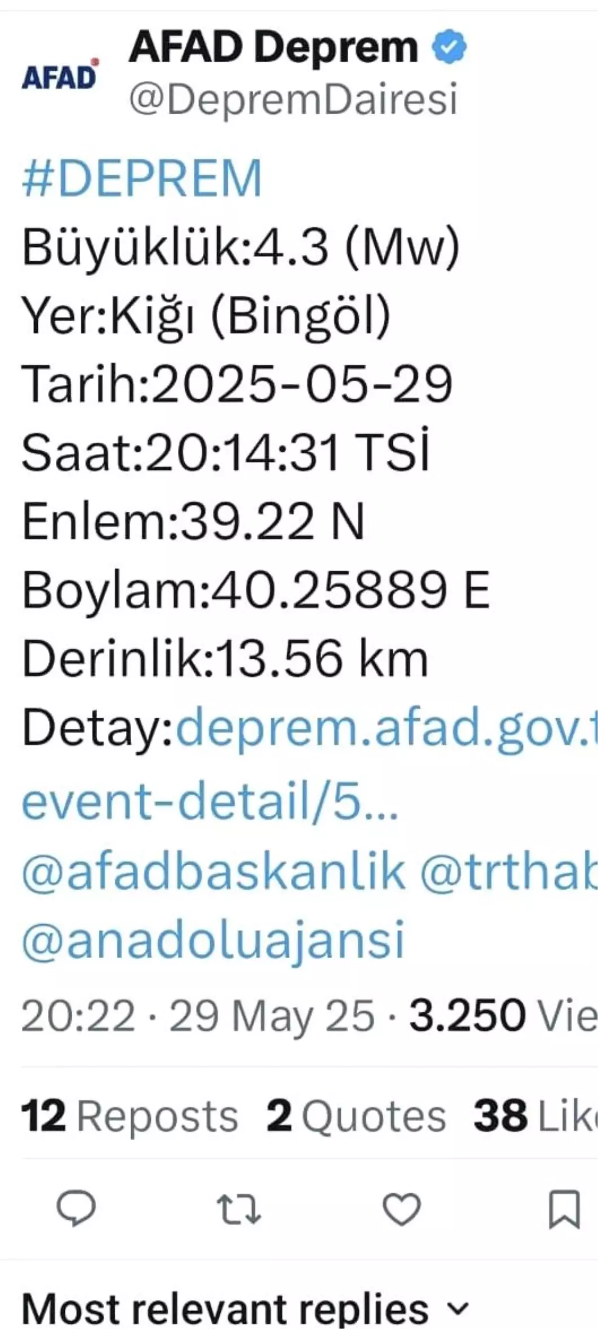 Bingöl'ün Kiğı ilçesinde 4,3 büyüklüğünde deprem
