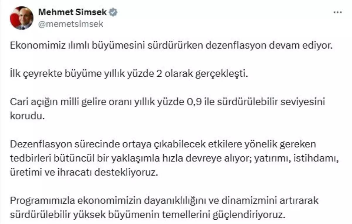 Bakan Şimşek: Ekonomimiz ılımlı büyüme ve dezenflasyon sürecinde