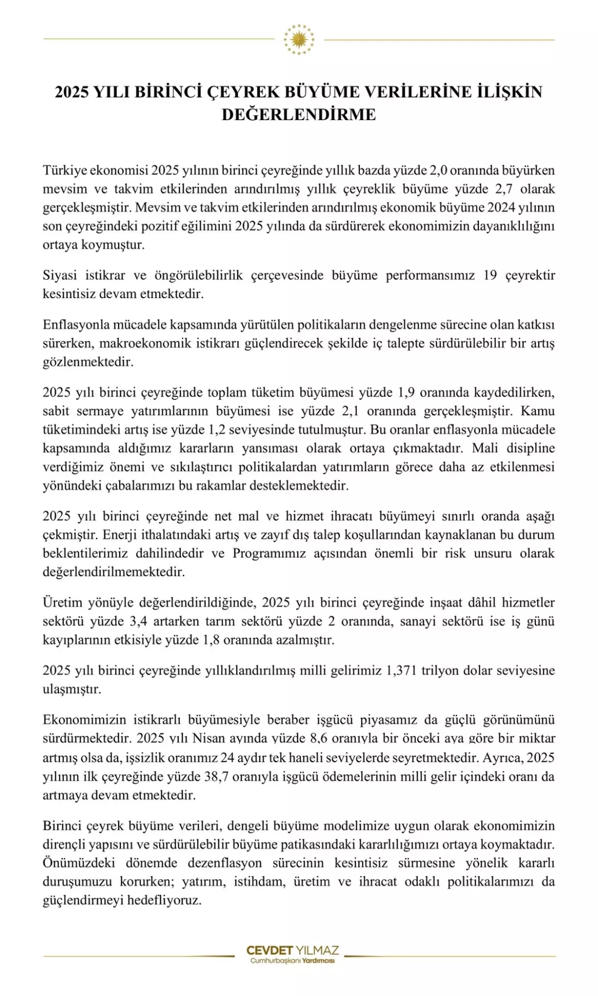 Cumhurbaşkanı Yardımcısı Yılmaz: Türkiye Ekonomisi İstikrarlı Büyümesini Sürdürüyor