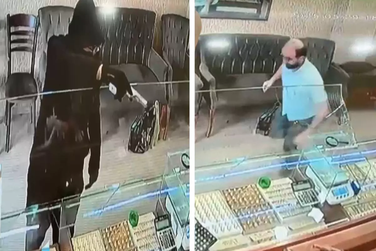 Kuyumcudaki silahlı soygun girişimini sandalye fırlatarak engelledi