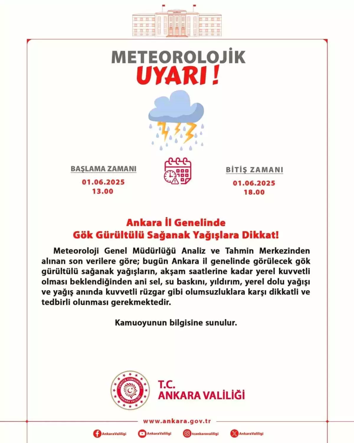 Ankara Valiliği'nden Kuvvetli Yağış Uyarısı