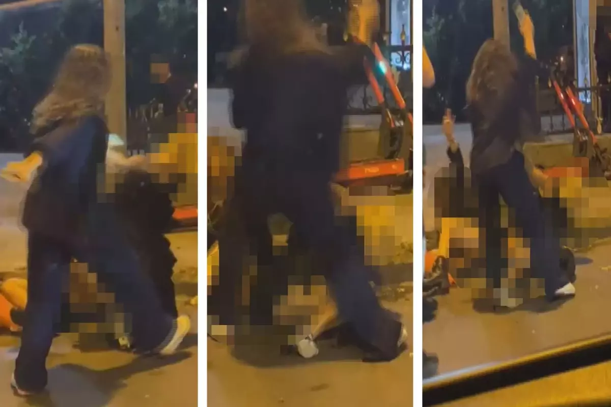 Bir kadın cadde ortasında iki kadını birden yere serip yumrukladı