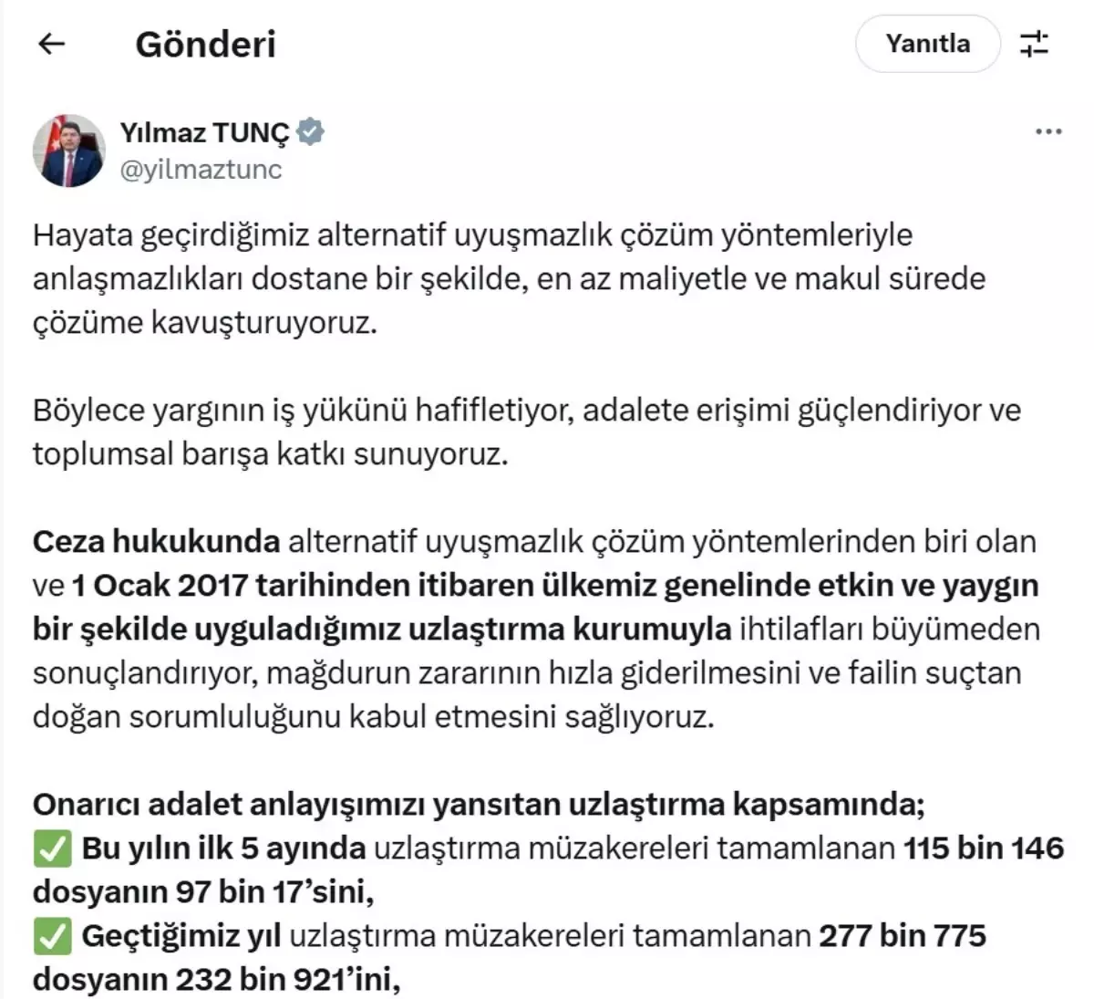 Adalet Bakanı Yılmaz Tunç, Uzlaşma Oranını Yüzde 83'e Çıkardı