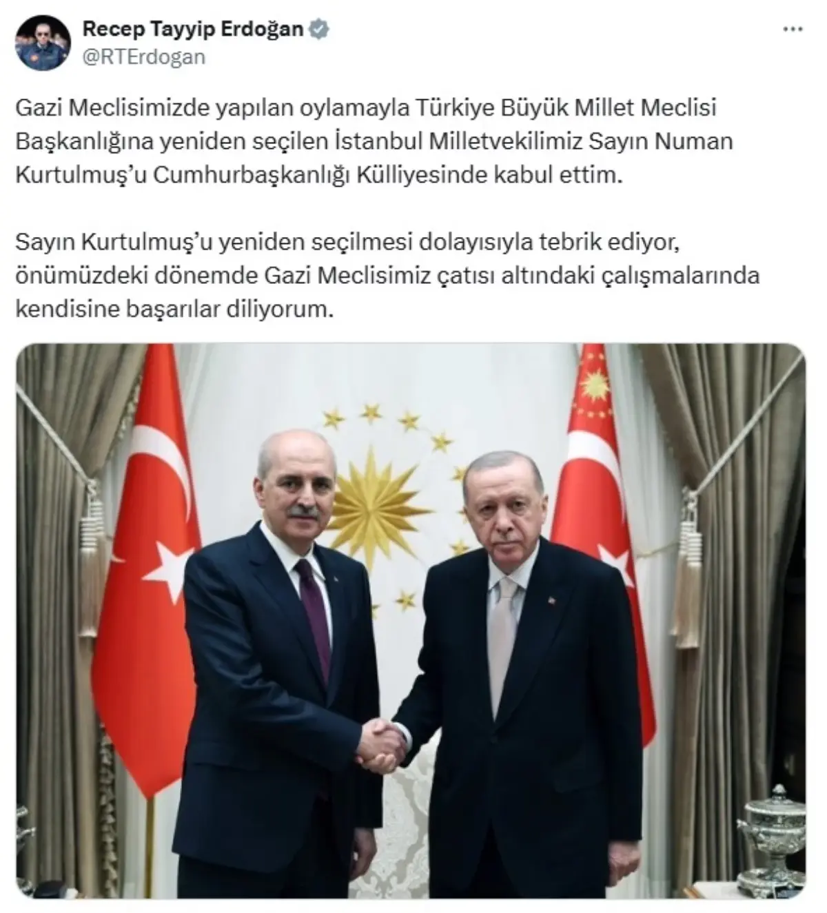 CUMHURBAŞKANI ERDOĞAN'DAN KURTULMUŞA TEBRİK MESAJI