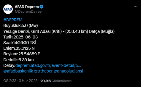 Ege Denizi'nde deprem! 3 Haziran az önce deprem mi oldu? SON DAKİKA!